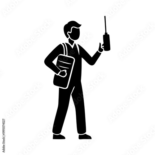 Silhouette man holding portable radio, carrying bag over shoulder. Flat icon represents security guard or event staff, man holding portable radio for communication.