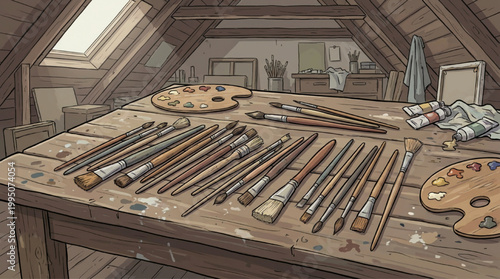 Artistic workspace in an attic with paint brushes and palettes on a wooden table
