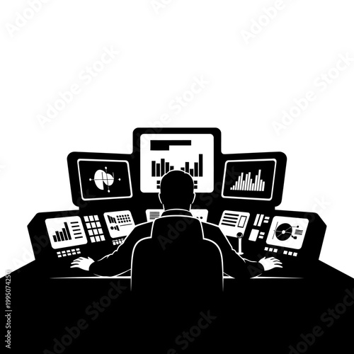 Rocket Launch Control Center Console Silhouette, Mission Operator and Space Exploration Concept.