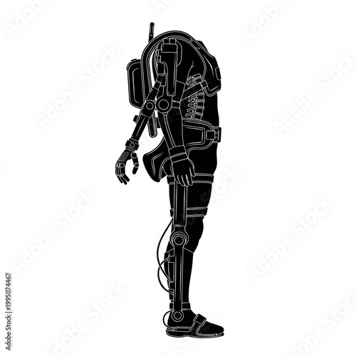 Black Silhouette of Wearable Robotic Exoskeleton for Ergonomic Back Support in Industry