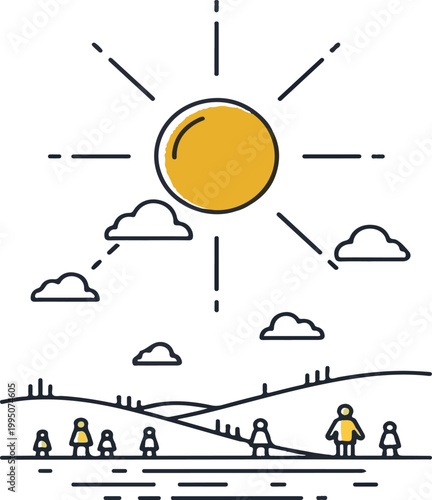 Cartoon of sun rays shining over a city skyline with people walking buildings