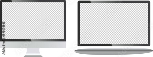 Modern computer monitor on stand with blank screen and television on clear background.