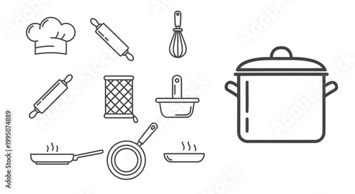 Line art illustration of various baking and cooking utensils and chef hats