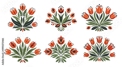 Folk Art Tulip Bouquet Set with Symmetric Floral Ornaments and Botanical Elements