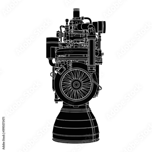 Rocket Turbopump Assembly Silhouette, Centrifugal Pump and Aerospace Engineering Concept.