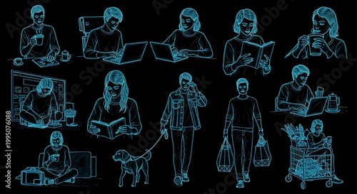 AutoCAD Daily Routine Lifestyle Vector Set – Laptop Work Shopping Dog Walking Coffee Multiview Clear Face Blueprint Cyan Outline on Black Background