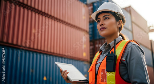 Smiling Portrait of a Beautiful Latin Female Industrial Engineer in White Hard Hat, High-Visibility Vest Working on Tablet Computer. Inspector or Safety Supervisor in Container Terminal.