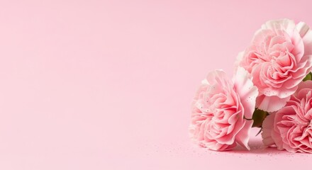Banner with pink carnations on pink background with Happy Mother's day greeting. 

