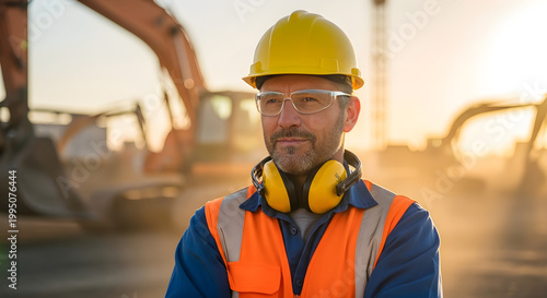 Portrait of Successful Builder / Worker / Contractor Wearing Hard Hat and Safety Vest Standing on a Commercial Building Construction Site, Crosses Arms Confidently. In the Background Crane Machinery