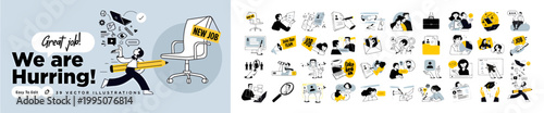 Yellow, black and white hurrying icons set, business productivity symbols, office workflow graphics, 40 elements