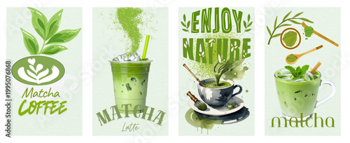 Refreshing matcha latte in glass with mint garnish and matcha powder illustration set