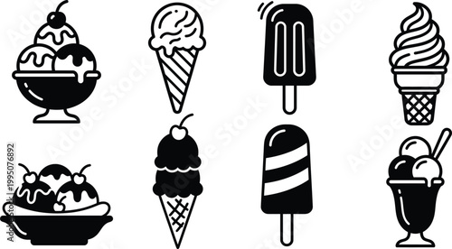 ice cream cone icon set, black color, simple and modern line icons with different cone and scoop styles, minimal design, isolated on transparent background, scalable vector
