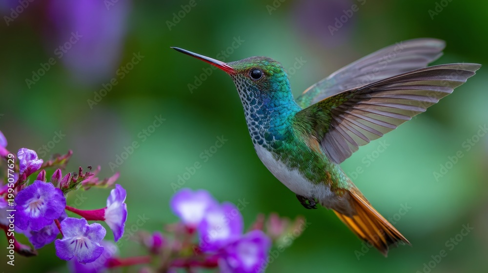 Fototapeta premium A Ruby-throated hummingbird flying near beautiful flowers in a tropical jungle