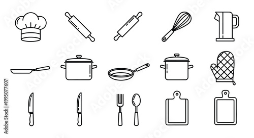 Collection of black and white line art illustrations depicting various baking and cooking tools