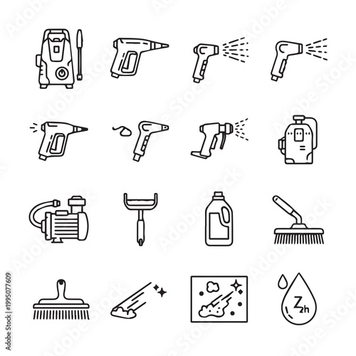 Pressure Washer Tools and Cleaning Supplies Icons in Outline Style