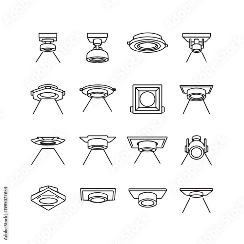 Recessed Ceiling Light Fixtures Collection Line Art Vector Icons