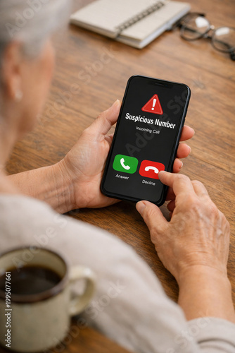 Distressed Senior Woman Looking at Suspicious Phone Call Warning Message