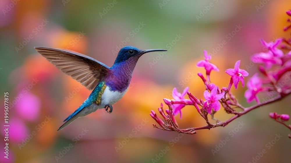 Fototapeta premium A Ruby-throated hummingbird flying near beautiful flowers in a tropical jungle