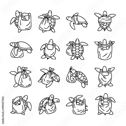 Sea turtles entangled in plastic bags and waste during marine pollution concept