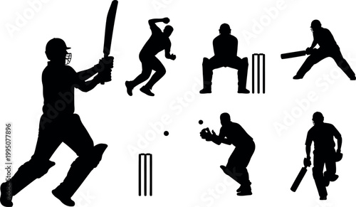 Cricket players in action a silhouette collection depicting various game moments