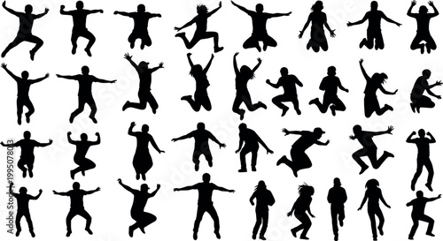 Silhouettes of joyful people jumping a celebration of freedom and energy