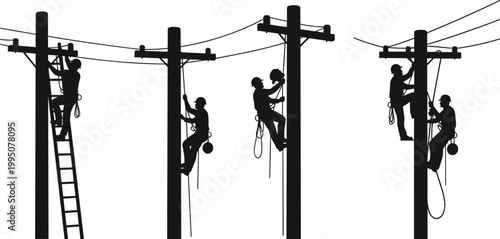 Electricians in silhouette working on utility poles, performing maintenance and repairs on power lines, illustrating electrical work and infrastructure.