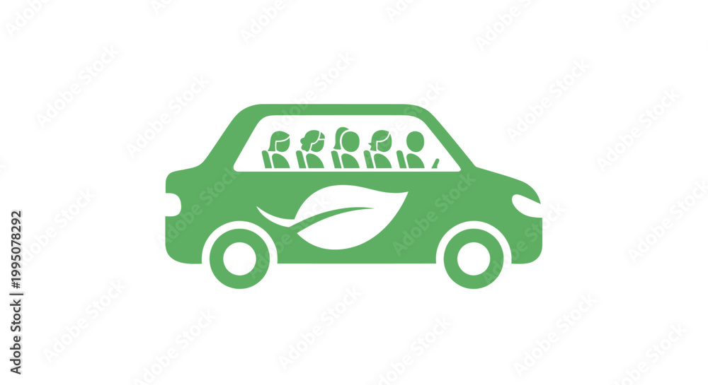 Fototapeta premium Green Eco Car with Passengers, Sustainable Transport Concept