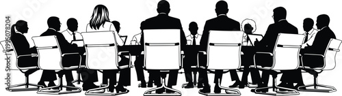Silhouette of a diverse group of business people in a formal meeting around a large conference table, vector illustration.
