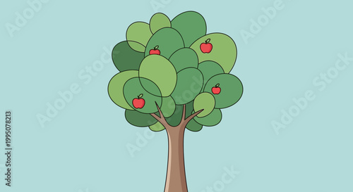 Cartoon Apple Tree with Red Apples, Simple Vector Illustration