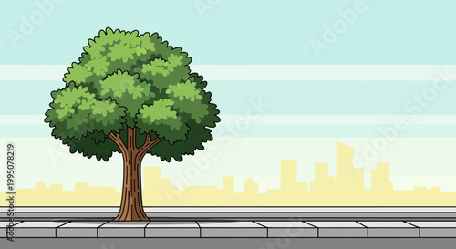 Cartoon Tree on Sidewalk with City Skyline Background