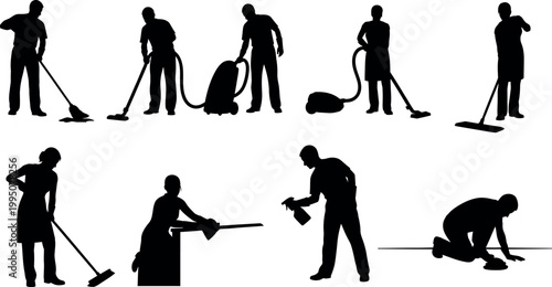 Silhouettes of cleaning staff diverse poses depicting janitorial and maintenance work