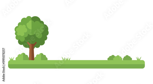 Flat Design Green Tree and Bushes on Grassy Field