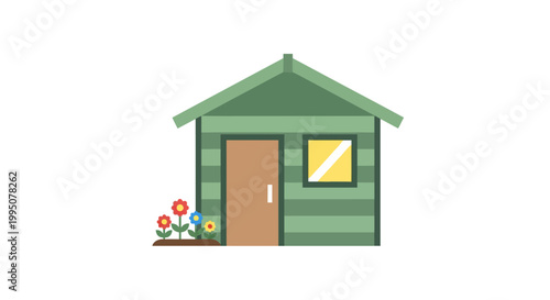 Green Garden Shed with Flowers, Simple Flat Design, Outdoor Storage Building