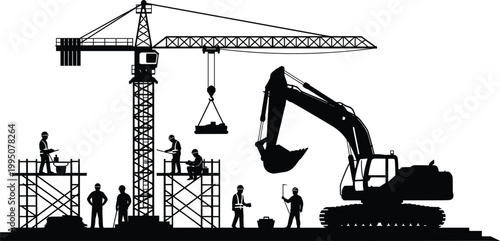 Construction site silhouette with crane, excavator, and workers building a structure, symbolizing industry and development.