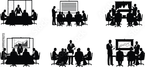 Business meeting silhouettes in a boardroom, showing teamwork, presentation, and discussion for corporate strategy.
