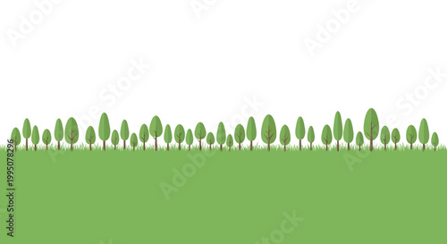 Green grassy field with a line of stylized trees against a white background.
