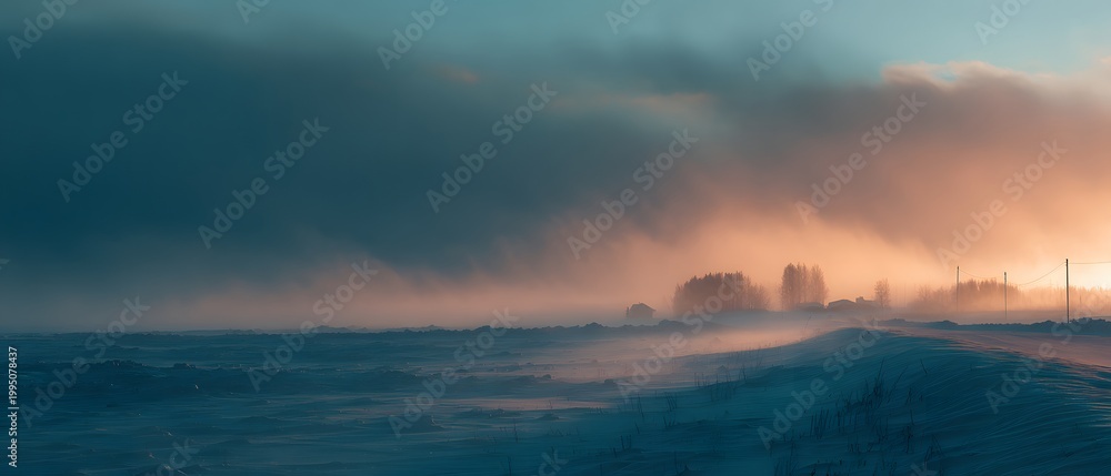 Fototapeta premium A serene landscape at dusk, depicting a snowy horizon with fading light. Gentle breezes and soft clouds create an atmosphere of tranquility and beauty in nature's wonder.