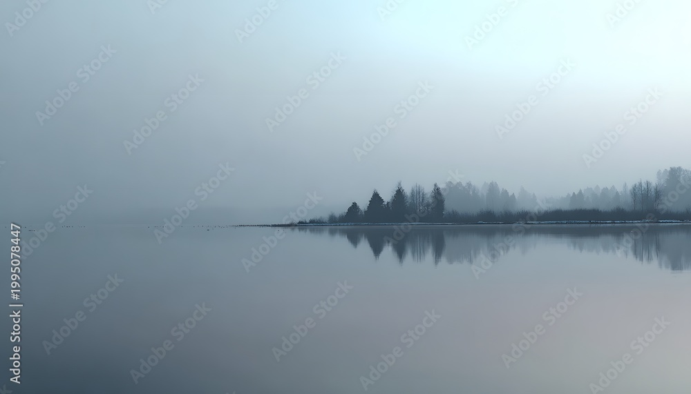 Fototapeta premium A serene landscape featuring a misty lake reflecting trees on its bank. The calm waters and fog create a tranquil atmosphere, perfect for relaxation and nature appreciation.