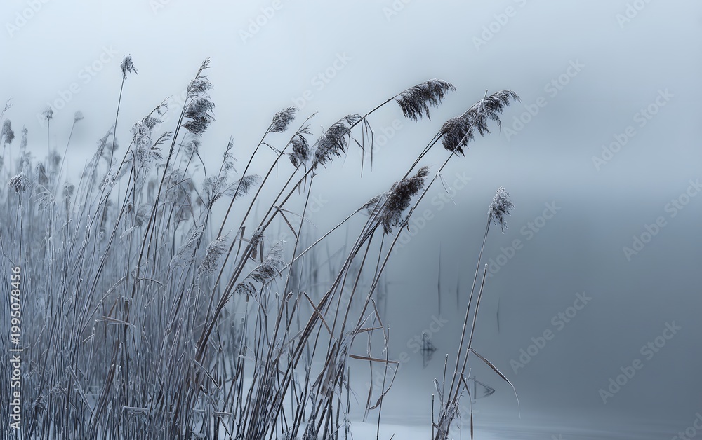 Obraz premium A serene landscape featuring tall reeds swaying gently in the mist, showcasing the beauty of nature and tranquility. Perfect for evoking feelings of calm and introspection.