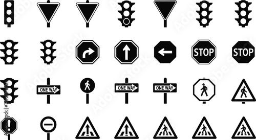 Collection of traffic and road safety signs including traffic lights, stop signs, pedestrian crossings, and directional arrows.