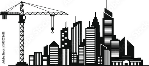 Modern city skyline silhouette with a large construction crane, symbolizing urban development and building projects.