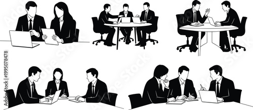 Business meeting and collaboration scenes with professionals in suits discussing documents and using laptops at tables.