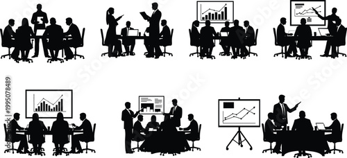 Business meeting silhouettes of diverse teams presenting charts and discussing strategies around conference tables.