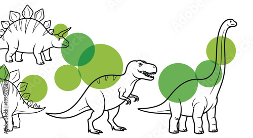 A charming vector illustration of various dinosaurs set against a backdrop of green circles
