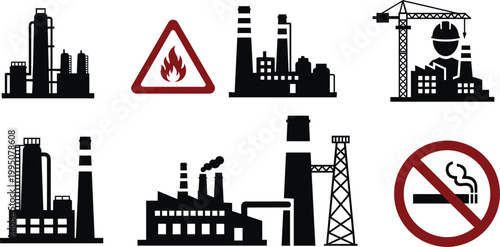 Industrial factory silhouettes and warning signs for fire and no smoking, representing industry, manufacturing, and safety regulations.