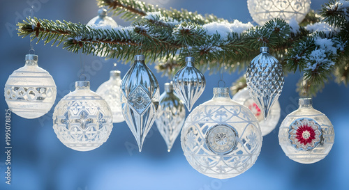 Snowy scene showcases hanging Christmas tree ornaments outdoors.