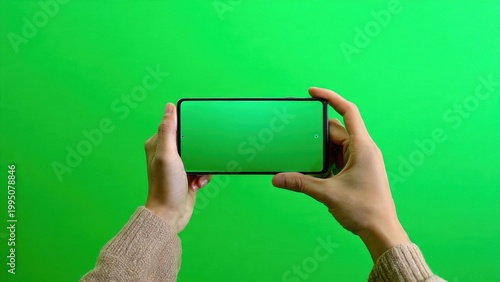 Hands Holding Smartphone with Green Screen