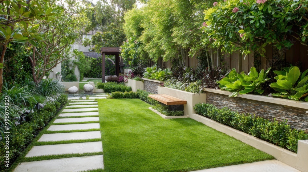 Fototapeta premium modren landscape style, rectangle lawn area with rectangle stepping stone, green buffer around the boundary wall
