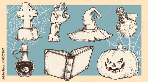 Hand drawn Halloween elements set in sketch carved style. Retro vintage engraved elements for seasonal designs. Vector illustrations collection.