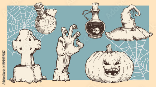 Hand drawn Halloween elements set in sketch carved style. Retro vintage engraved elements for seasonal designs. Vector illustrations collection.
